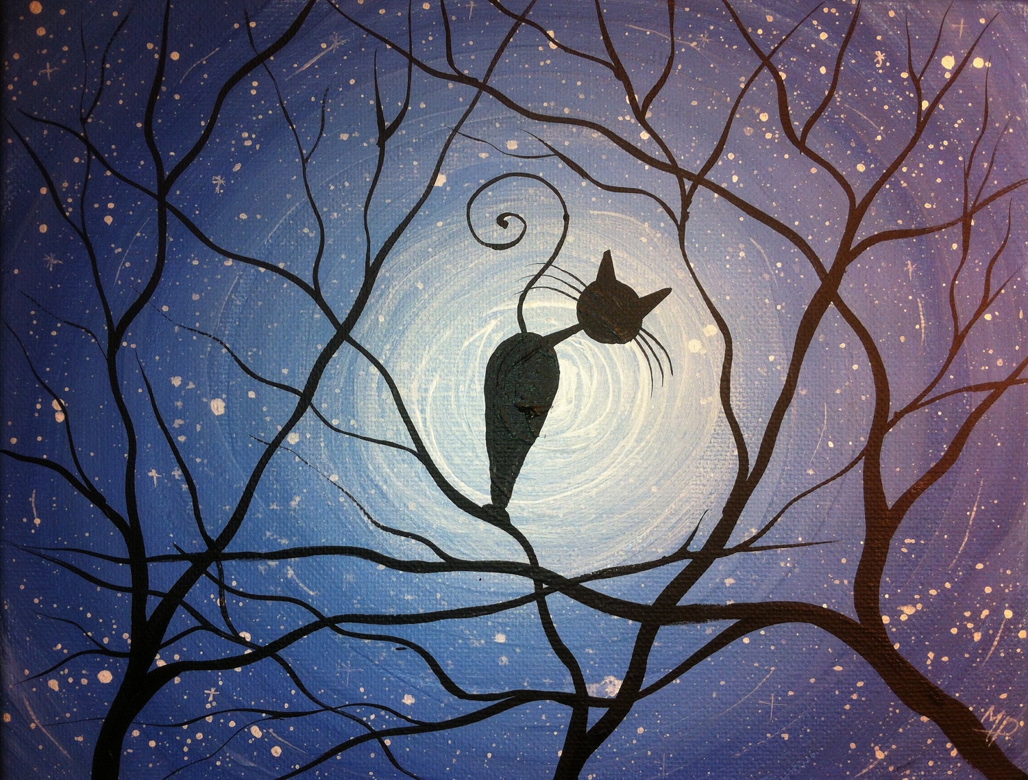 Whimsical Cat Painting-Counting Stars 8 x 10 Acrylic on