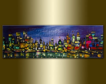 CUSTOM Original Cityscape Painting Oil on Canvas Palette Knife Textured Abstract Modern Art Rainy Night City by Willson Lau