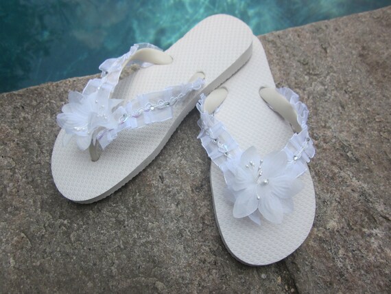 Flip Flop/Wedges for Bride. Diamond White Organza Flower with Ruffle ...