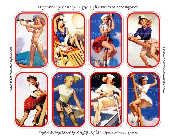 Retro Nautical Pinup Girls - Digital Collage Sheet - DIY pill cases, tin cans or tags