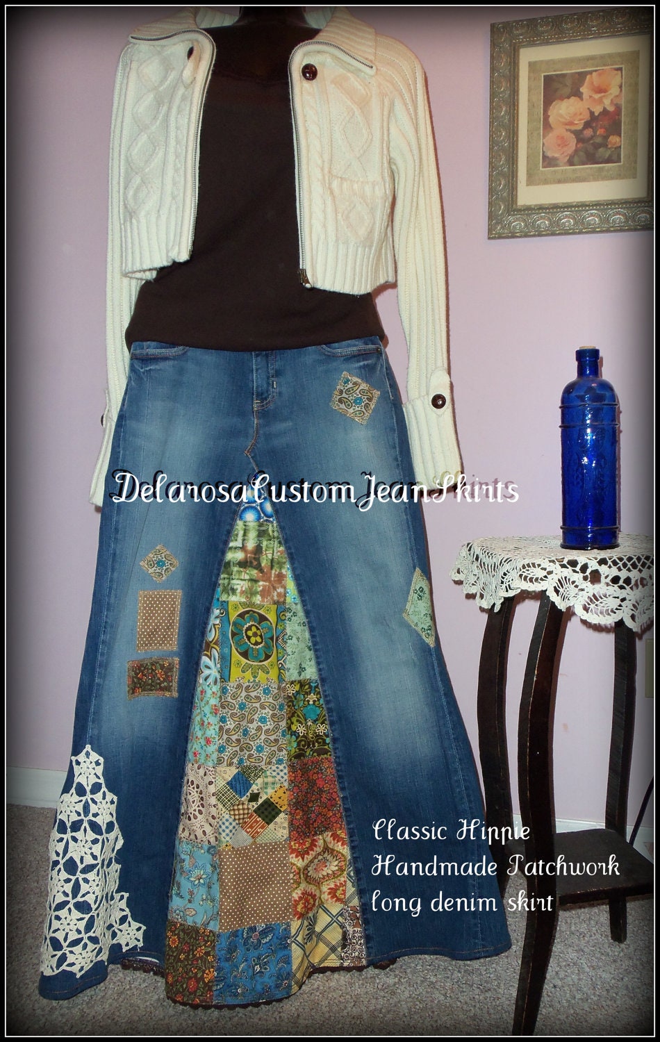 DELAROSA Classic Hippie patchwork Long Jean Skirt Custom Order