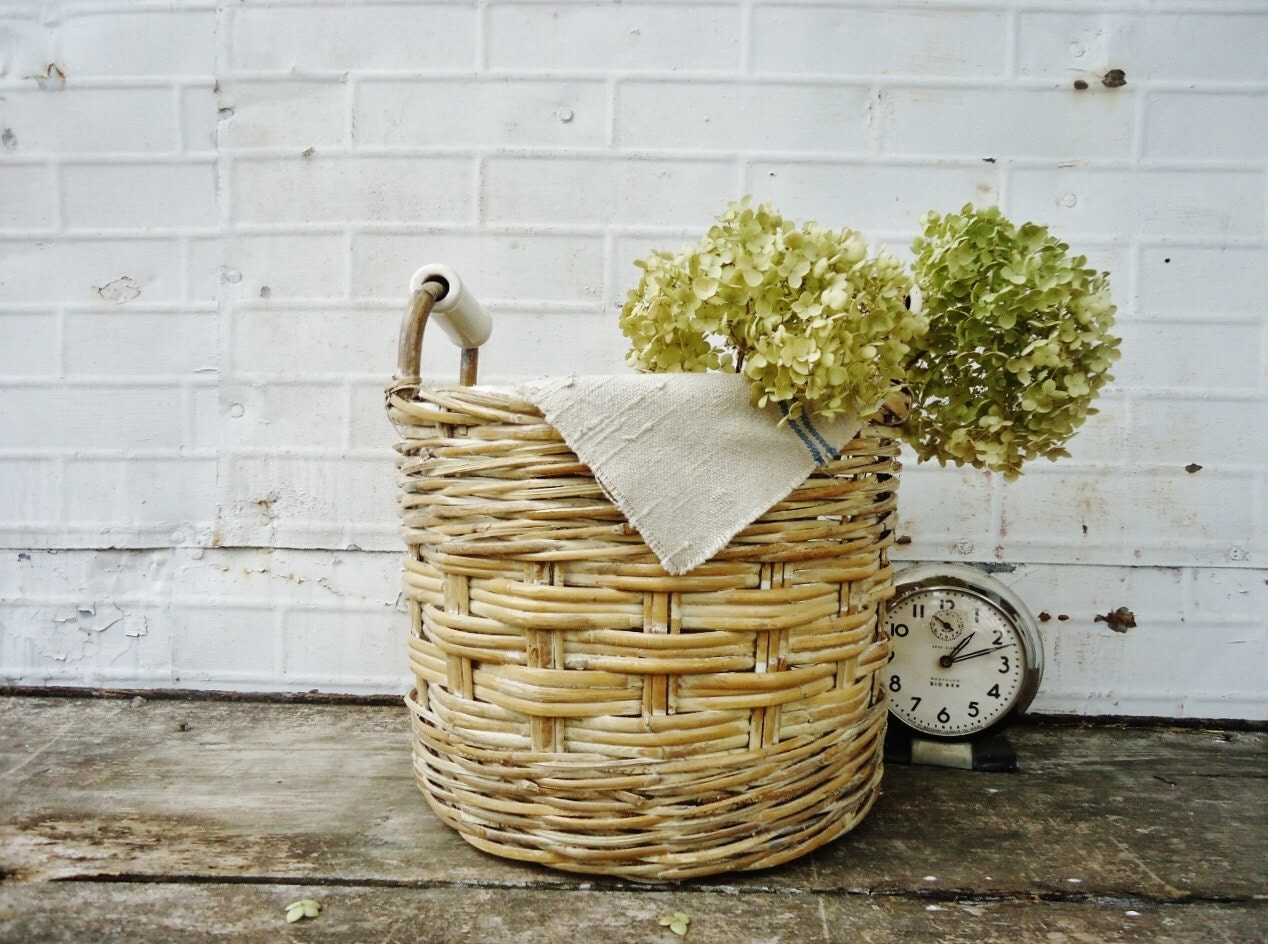Vintage Woven Basket with Ceramic Handles