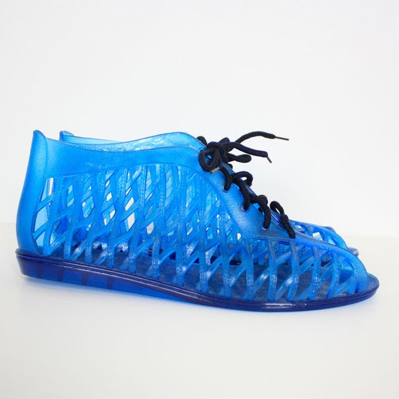 Vintage 80s Electric Blue Gladiator Jelly Shoes by dreamingneon