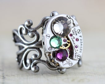 Mothers Ring Steampunk Ring Steampunk Jewelry Filigree Custom Made Jewelry Unique Birthstone Ring Watch Ring Personalized Grandmothers Ring