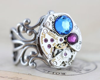 Unique Mothers Ring Steampunk Ring Statement Ring Custom Made Mothers Ring Birthstone Ring Watch Ring Vintage Unique Grandmothers Ring