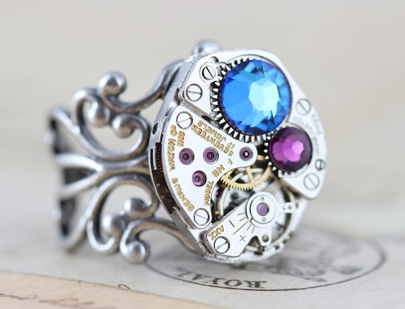 Steampunk Ring Statement Ring Custom Made Mothers Ring Birthstone Ring Unique Grandmothers Ring by inspiredbyelizabeth steampunk buy now online