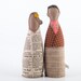 Lovers - handmade brown couple fabric dolls - he in brown jacket with circles and pink tie she in a natural colors newspaper dress