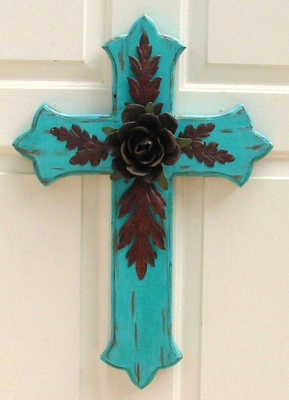 DC033D Large Turquoise Wood Cross with Rustic Rose and Leaves