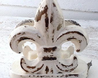 Rustic Wedding Fleur De Lis Business Card Holder-Cast Iron-Old World Style-Metal Office Decor-Shabby Chic Cream-French Decor-Spring Summer