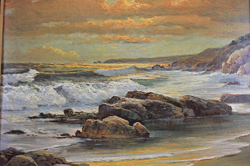 Vintage Framed Seascape Litho Print Sunset Shore By Robert