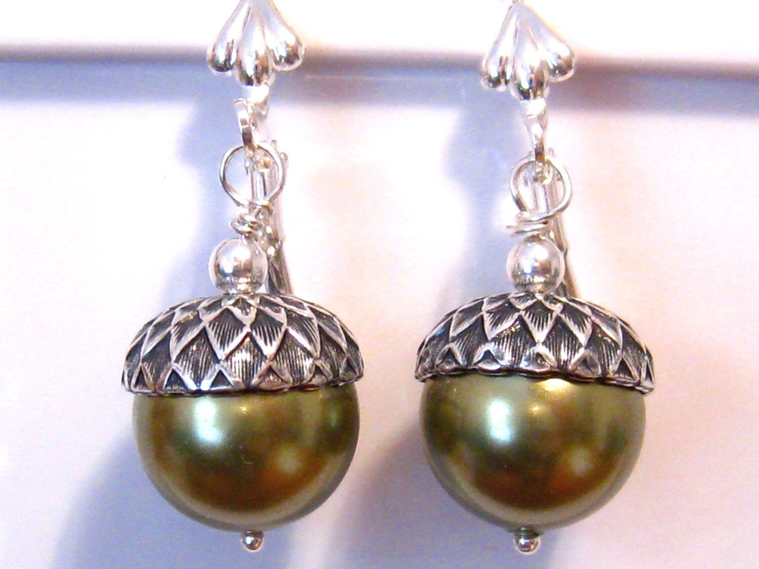 Green Pearl Earrings Light Green Pearl Acorn Earrings