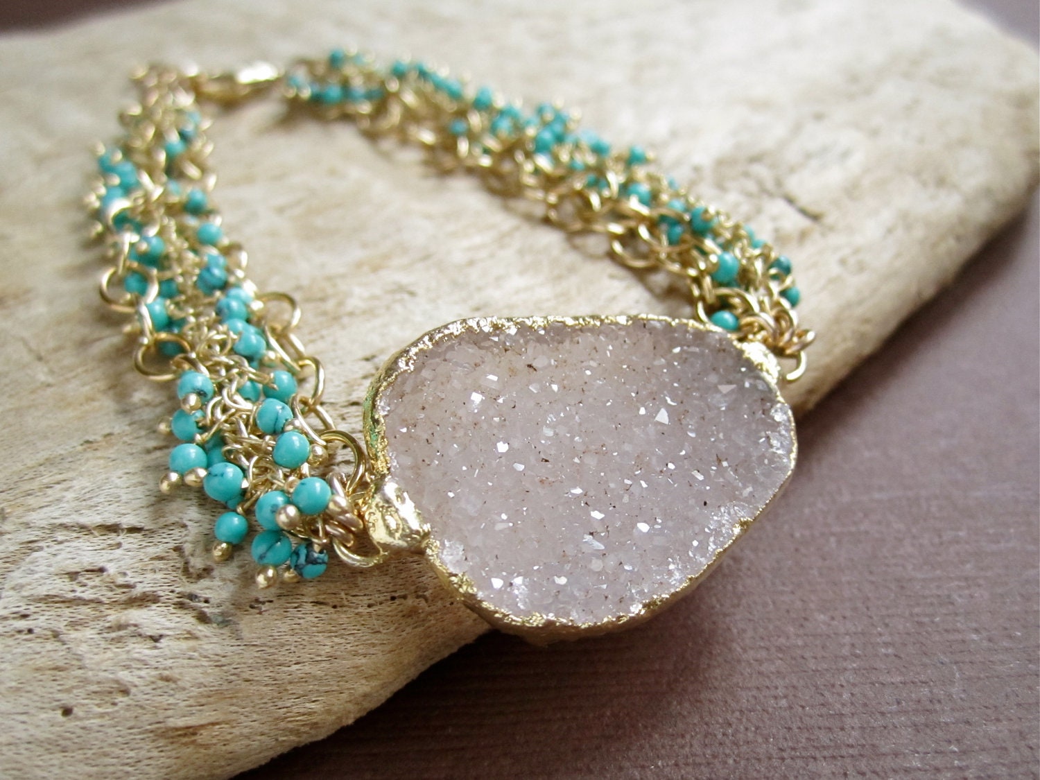 Agate Druzy Bracelet White Drusy Quartz Layered 14K Gold Fill
