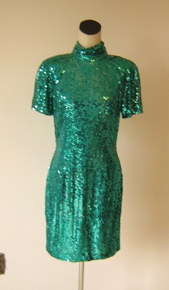 Sparkling Teal Sequin Party Dress Mermaid Glam High Neck