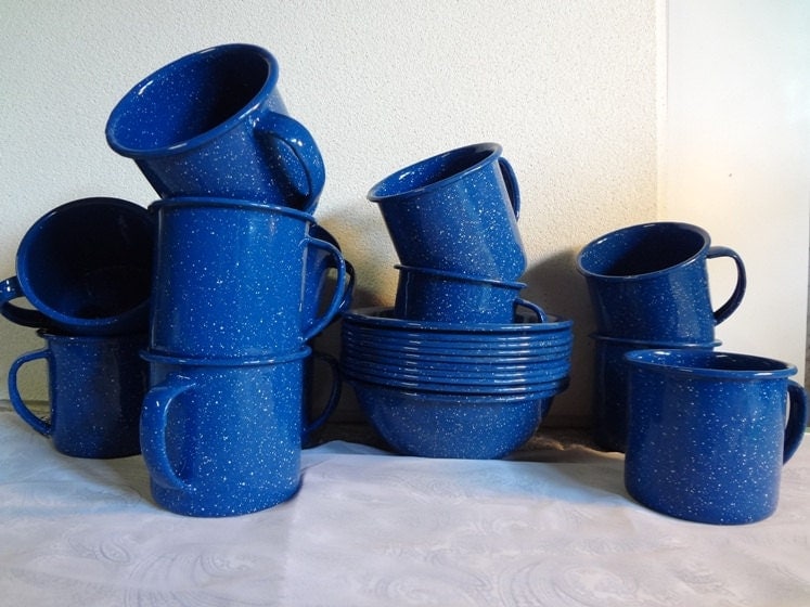 Enamelware Cups and Bowls / Camping Dishes / Speckled Blue