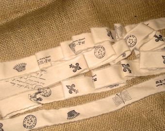 Hand Stamped Ribbon, Muslin Ribbon, Vintage Ribbon, Shabby Chic Ribbon, Paris France Inspired Muslin Stamped Ribbon with Paris Icons ECS