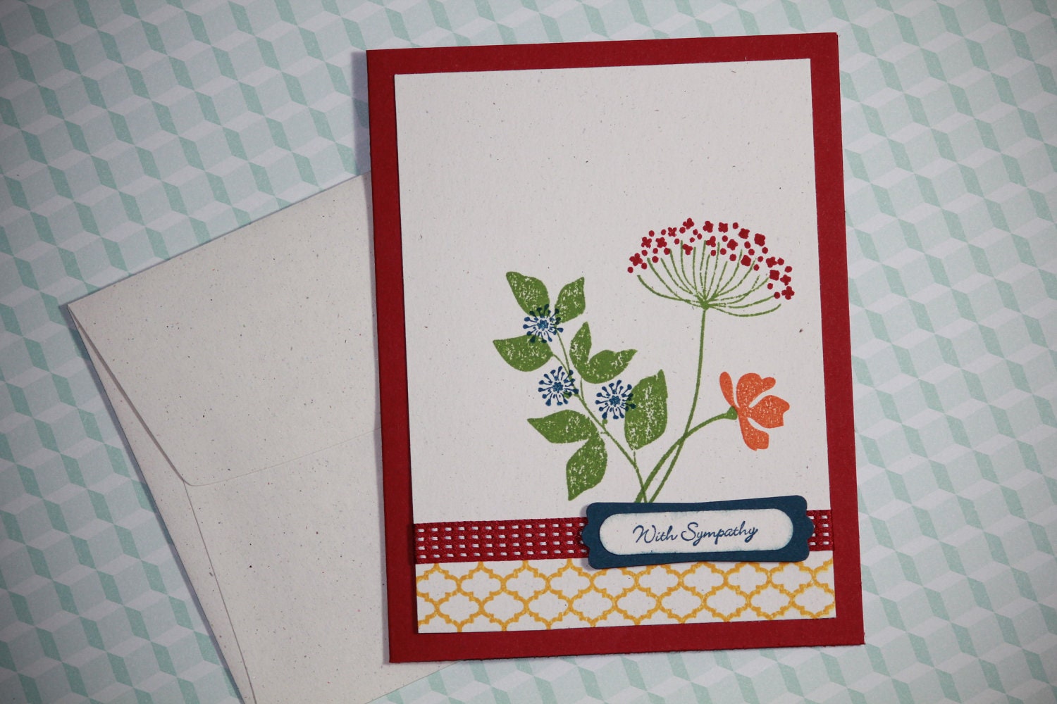 one handmade sympathy condolence card with hand stamped