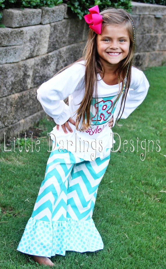 Items similar to Custom Girls Teal Chevron with Sea Polka Ruffle Pants