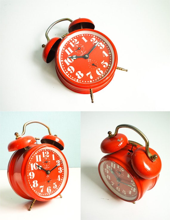 Vintage Red Orange Alarm Clock twin bells mechanical manual
