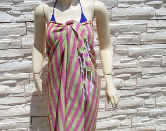 Turkishtowel-Soft-Highest Quality Pure Organic Cotton,Hand Woven,Cotton Bath,Beach Towel or Sarong-Fuchsia and Lime Green Stripes