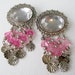 SALE 10 PERCENT Off Vintage Silver Tone Clear Cabochon Pink Clamshell Shell Plastic Beaded LARGE Chandelier Pierced Dangle Earrings