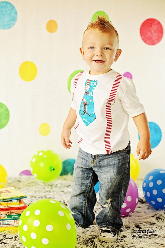 PERSONALIZED Dr. Seuss Inspired Cat in the Hat Tie & Suspenders Onesie - Made To Order -0-3M through 24M