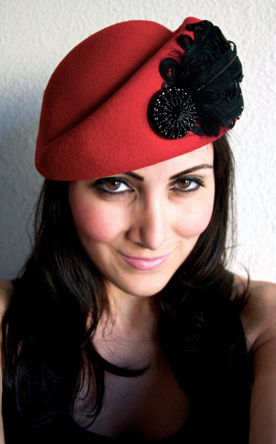 Red Wool Hat - Red Pillbox hat with black curly goose feathers and black beaded medallion - il_fullxfull.397817088_mcua