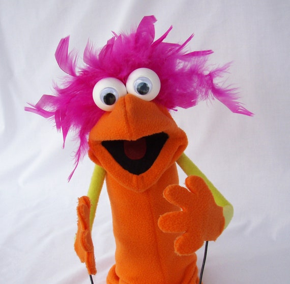 Orange Yellow and Pink Hand Puppet with Rod Arms Google Eye