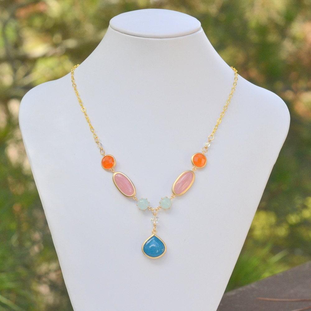 Unique Fashion Necklace with Teal Teardrop and Shades of Mint