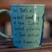 Doctor Who "Good cup of tea" Tenth Doctor hand painted quote mug with TARDIS - Large turquoise mug