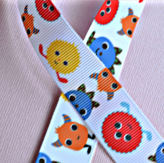 Mingling Monsters on white 7/8 inch grosgrain ribbon Il_570xn