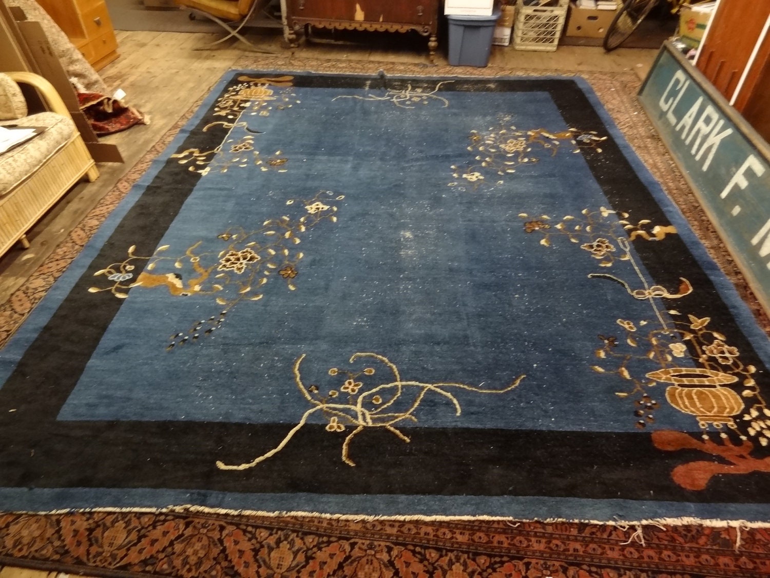 Antique Chinese Handmade Oriental Room Sized Rug Blue by TFSloan