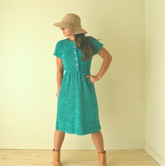 Terry Cloth Summer Day Dress Teal Green Small / Vintage 1970s