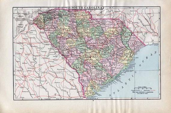 Items similar to Late 1800's Antique Color Map of South Carolina