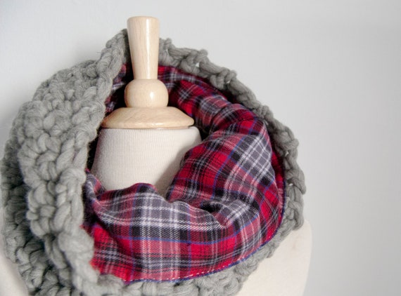 Catskills Flannel Lined Cowl - Chunky grey wool lined in red plaid flannel