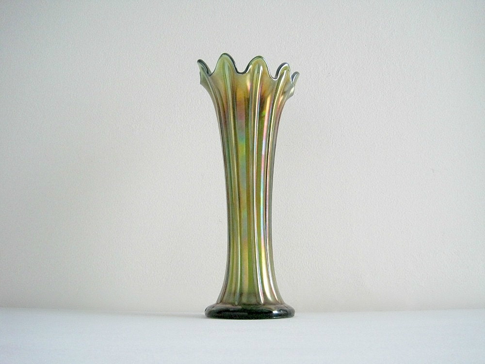 Antique Green Carnival Glass Vase Northwood Thin Rib