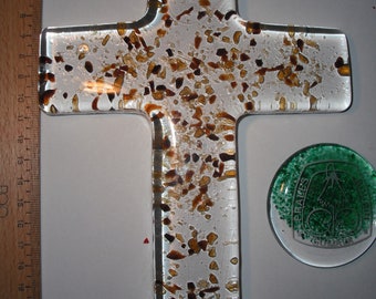 Handblown Glass Wall Crucifix Cross 22 cm x 15 cm handmade with Ambra Gold Rubines