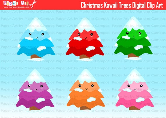 INSTANT DOWNLOAD - Christmas Trees Colored, Kawaii Clip Art, cute kawaii clipart, christmas digital clipart, printable - by Paper Art by MC Il_570xn