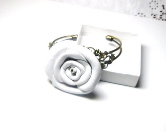 Sale Flower cuff bracelet- leather jewelry- wedding jewelry- leather rose with filigree- wedding bracelet, 3 year anniversary gift