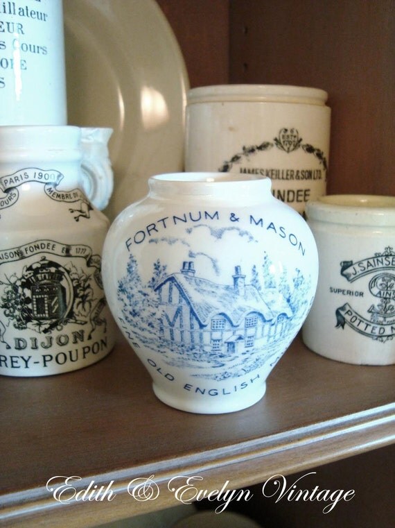 Vintage English Mustard Pot England Blue and White