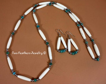 Turquoise And Bone Native Style Necklace And Earrings - Traditional Style Turquoise Necklace - Turquoise Earrings - Bone Hair Pipe Jewelry