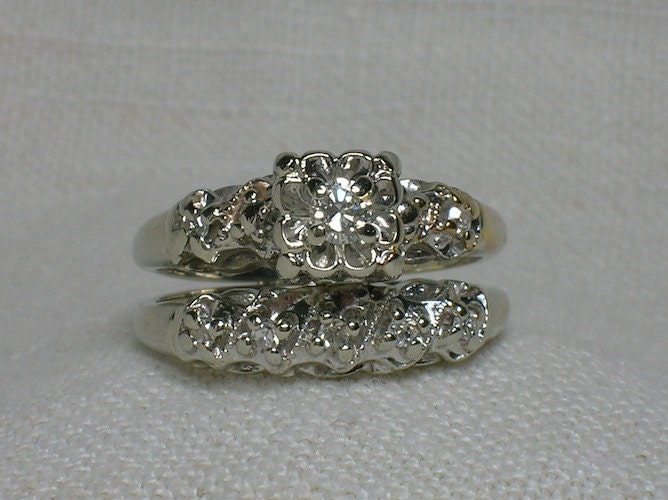 Vintage Wedding Ring Set Ornate 1940s White Gold Illusion