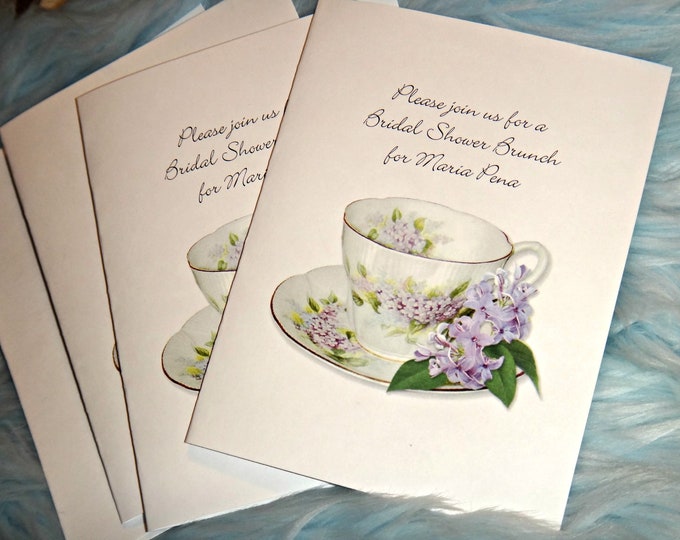 Personalized Lilac Lavender Teacup Tea Invitations Thank You Cards Note Cards for Birthday Bridal Shower Wedding Anniversary Party