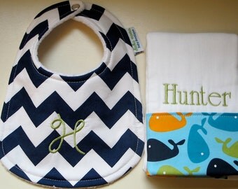 CHEVRON Monogrammed Baby Bib and Burp Cloth Set - Baby boy set
