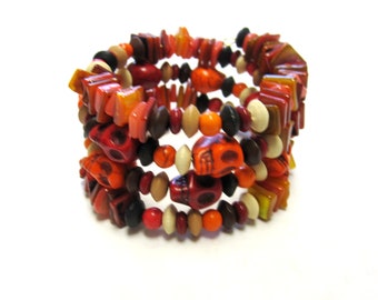 Day of the Dead Bracelet Sugar Skull Wrap Cuff Orange Brown Cream Shell Wood