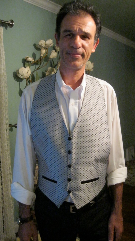 Vintage Men Tuxedo Vest / Backless / Silver Black / L and M