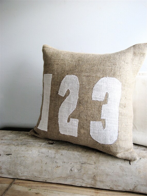 Burlap Numbers Pillow Neutral Throw Pillow Accent