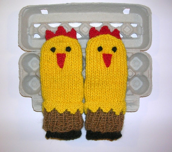 Chicken Mittens Hand-Knit Colorful Warm and FUN by SnowDayArtist