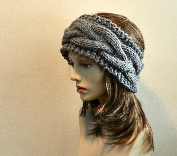 Items Similar To Grey Hand Knit Cable Women Headband Ear Warmer On Etsy