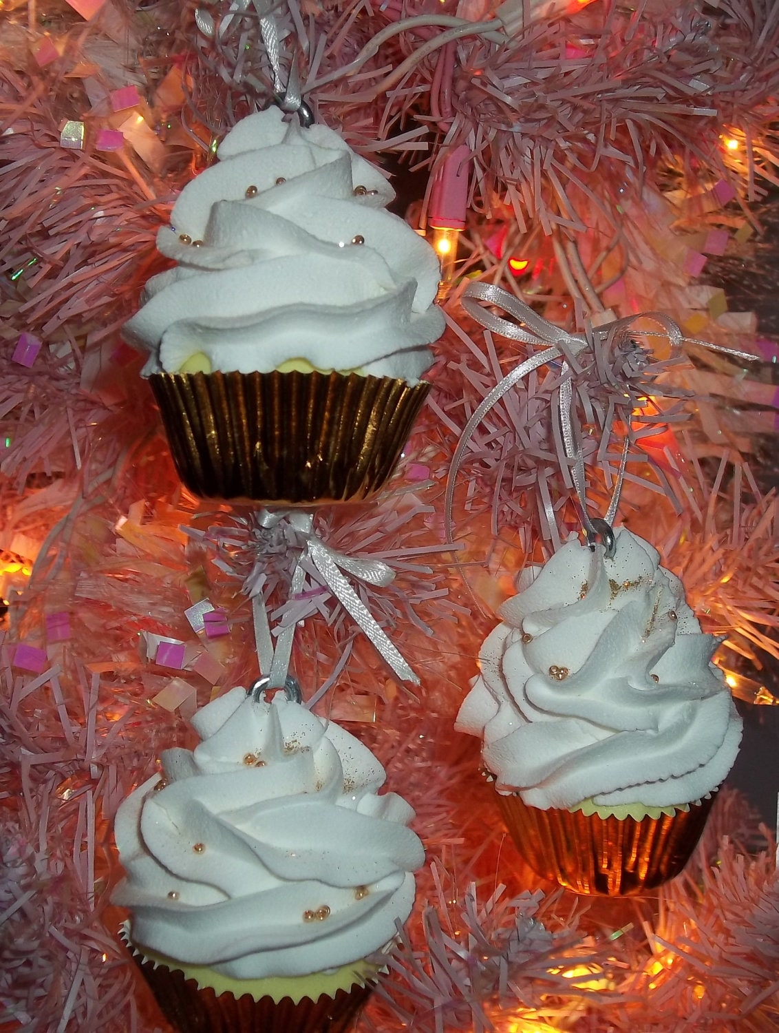 Traditional Gold 3 Mini Fake Cupcake Christmas Ornament for Tree Decorations, Holiday Display, Wedding Decor