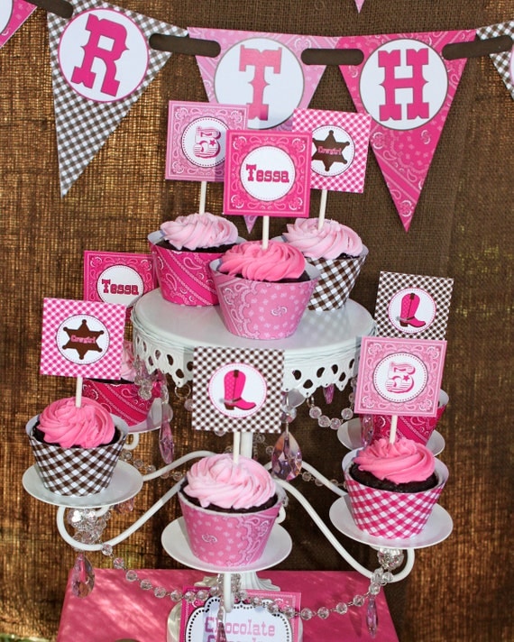 Cowgirl Cupcake Toppers girls Printable birthday Party Circles 2in hot pink pink brown bandana gingham boots personalized baby shower diy Il_570xn